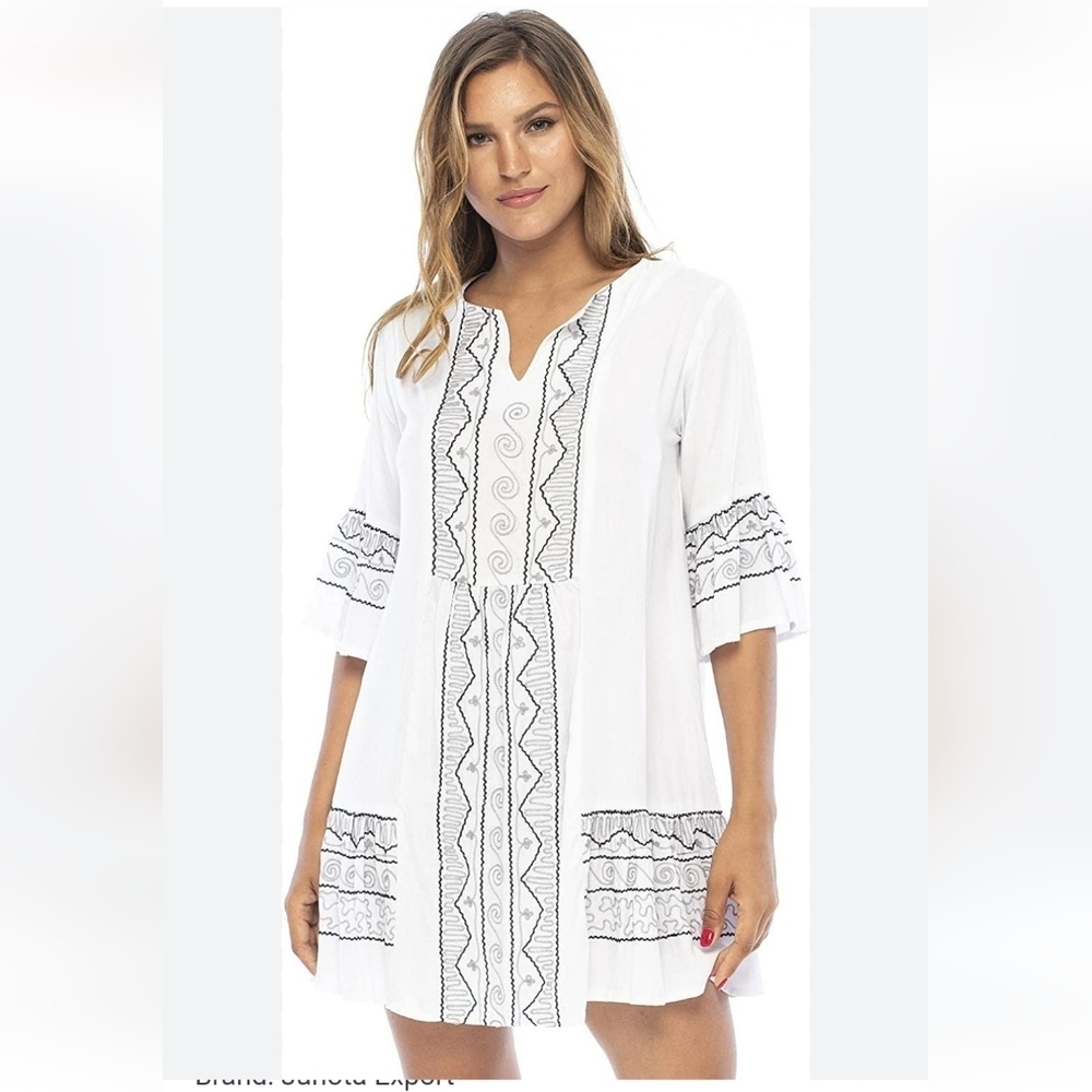 NWOT Back from Bali Embroidered Tunic Top Dress Trumpet Sleeves V-neck Size M